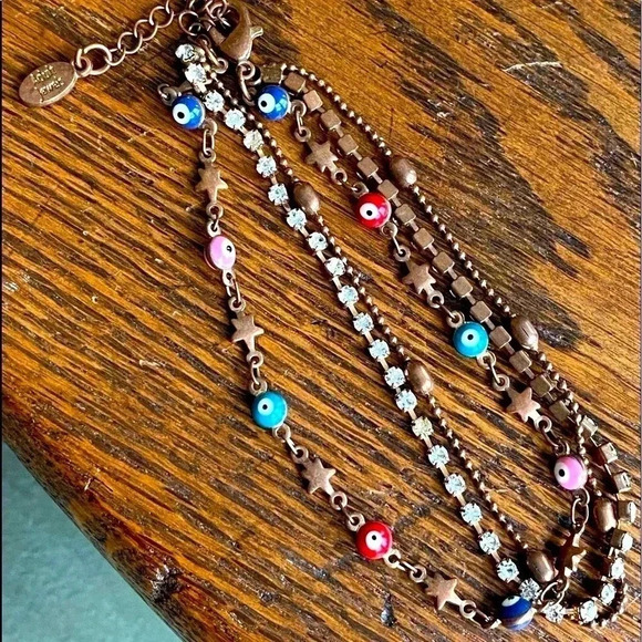 ADULT Jewels 3 Strand Bracelet With Evil Eyes, Stars & Rhinestones in Copper - Picture 3 of 12